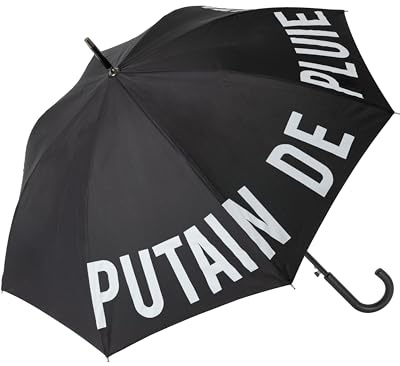fisura. – Grand parapluie Putain de Pluie noir, résistant au vent et automatique avec bouton d’ouverture. Poignée ergonomique et diamètre de 103 cm, idéal pour la pluie et le vent.