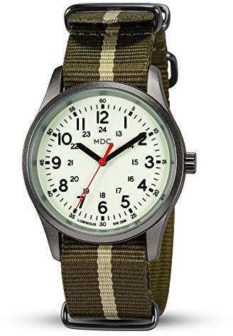 Infantry Mens Military Field Watch,Luminous Glow in The Dark Dial,Analog Tactical Wristwatch w/ 12/24 Hr Time,Japanese Quartz Movement,Breathable Green Nylon Band,Reliable Work Watch for Men