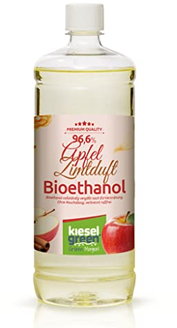 KieselGreen Bioethanol 1 Liter mit Duft für Ethanol-Kamin, viele Sorten - Bio Ethanol als Raumduft in vielen Duftnoten - Parfüm für Bio Ethanol Kamin Indoor oder Bioethanol Tischfeuer (Apfel/Zimt)