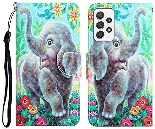 For Samsung A32 5G Phone Case Shockproof Cute Pattern with Credit Card Holder Stand Women Kids Leather Flip Folio Wallet Protective Cover Compatible with Samsung Galaxy A32 5G - Elephant