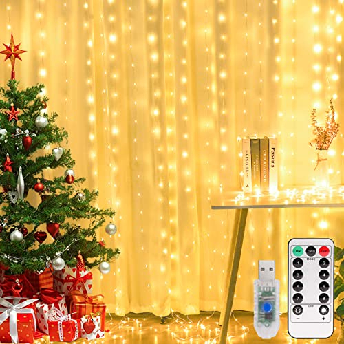 Yizhet Tenda di Luci 3m x 3m, 300 Led Luci per Tenda in Filo di PVC, 8 Modalità, Bianco Caldo, a USB, Dimmerabile e IP65 Impermeabile con Telecomando & Timer per Matrimonio Feste Natale