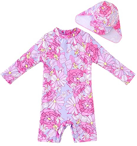 UMELOK Neugeborener Badeanzug mit Sonnenhut UV Schutz Badebekleidung Blumen, rosa 0-3 Monate/55-62cm