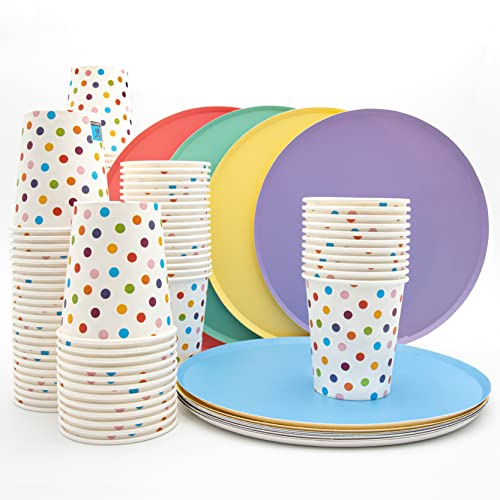 Wellsamed WELLSACUP 100 Pappbecher 180 ml, Motiv Punkte mit Teller, geeignet für Heiß- und Kaltgetränke, Party, Kindergeburtstag, Picknick, Grillen