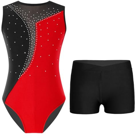 Freebily Kinder Mädchen Turnanzug Glitzer Ärmellos Gymnastikbody Trikot Shorts Set Ballett Tanzkleidung Wettkampf Traininganzug