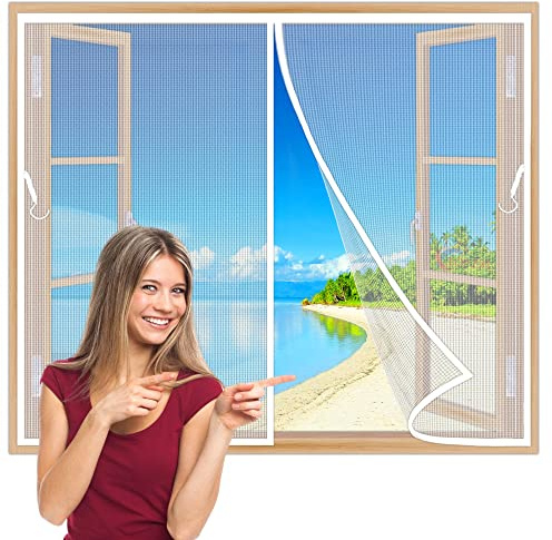 Magnetic Fly Screen Windows 160x100 cm Bug Mesh Curtain, Magic Tape Fly Net for Patio Windows, Insect Protection Windows, Fully Self Seal Automatically, Keep Bugs Out & Fresh Air in White Z