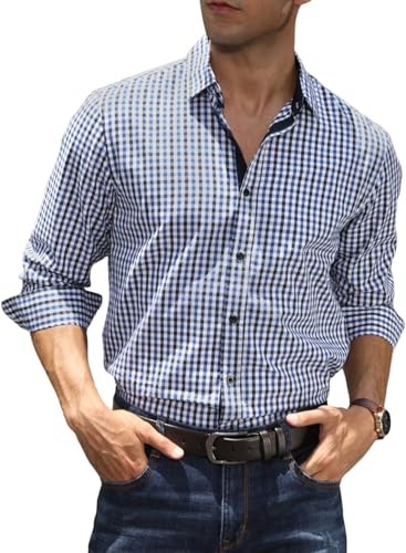 Elegancity Men’s Dress Shirt Long Sleeve Button Down Plaid Cotton Business Formal Shirts Regular-Fit Wrinkle-Free Casual Shirts (Blue, Large)