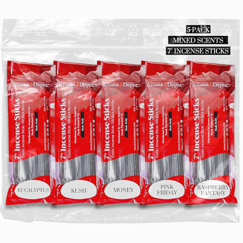 Mixed Scents Pack 7'' Incense Sticks - Variety Set 500 Pack - 7 inch - 5 Bundles 100 Sticks Per Fragrance Scent. Set Features Eucalyptus, Kusk, Moeny, Pink Friday Type, Raspberry Fantasy