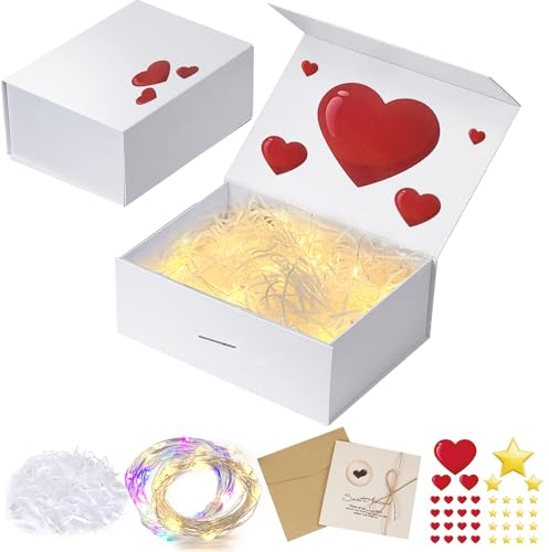 Geschenkbox mit Schleife, Magnetische Geschenkbox, Geschenkbox mit Deckel, Grußkarten, Raffia Hamper Shreds, LED-Lichterkette, Aufkleber, Geschenkbox für Valentinstag Hochzeit Geburtstag Weihnachten