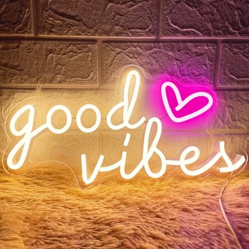 HOHOSIGN Good Vibes Neon Signs for Wall Decor, Good Vibes Neon Lights 16x8inch, USB Operated Warm White LED Signs for Bedroom, Room, Wall Decor, Birthday Party, Wedding, Salon, Bar, Home, Girl Cave