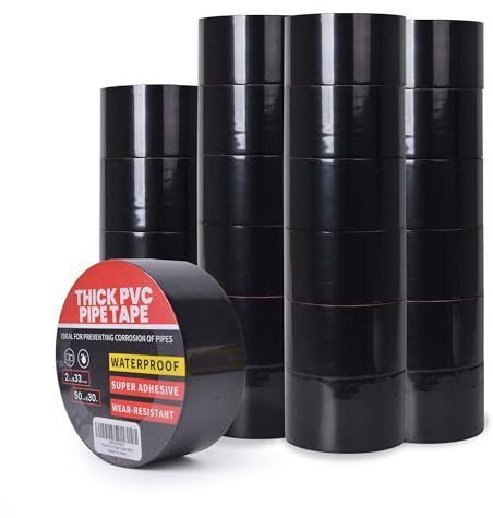 TAPEBEAR Cinta Selladora de Tubería Impermeable para Plomería, 30m x 50mm | Cinta Aislante Negro, Cinta Tapa Fugas Agua, Cinta Adhesiva para Fugas de Tuberías Reparación, 0,25mm Extra grueso, 24 Rollos