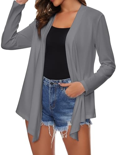 Famrrifuu Cardigan Donna Lungo Giacca Leggero Maniche Lunghe Aperto Davanti Elegante Cardigan,Grigio,L