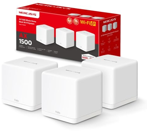 TP-Link Mercusys Halo H1500X(3-pack) Router Mesh WiFi 6 AX1500Mbps, 2 Porte Ethernet Gigabit, Controllo Parental, WiFi Mesh Router e Ripetitore, 3 Pezzi con Copertura Fino a 550 ㎡