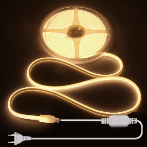ALITOVE 5M COB LED Streifen 230V Direktanschluss Warmweiß 3000K Flexibler LED Stripe Aussenbereich Wasserdicht für DIY-Beleuchtung und Heimdekoration (Ohne Schalter und Dimmer)