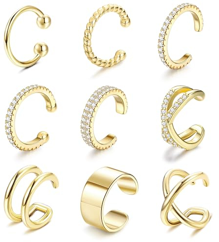 Finrezio 9 Stücke Ear Cuff Set für Damen Ohrklemme Nicht Durchstochen 18 Karat Vergoldete Ear Cuff Gold Clip Ohrringe Non Piercing Gold Ohrmanschette Knorpelohrringe Verstellbare Fake Ohrringe