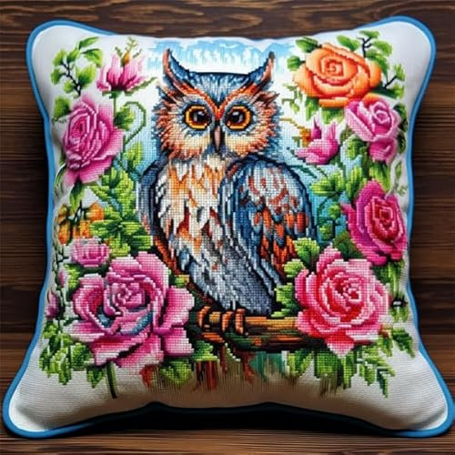 Lfynior Kreuzstich Kissen Set Vorgedruckt Eule Stickkissen zum Selbersticken 45X45cm Stickpackung Stickset Kreuzstich Kissen zum Basteln Stickkissen Stickpackung mit Vorgedruckt Kreuzstichmotiv