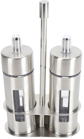 PerGar Oil And Vinegar Cruet Set, Oil And Vinegar Dispenser Set with Caddy, Stainless Steel Tabletop Oil And Vinegar Cruet, Oil Dispenser Bottle with Base Stand Window for Kitchen