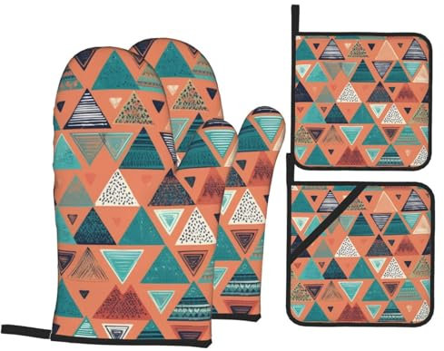 Set di 4 guanti da forno e presine con motivo a strisce triangolari, resistenti al calore, resistenti al calore, accessori da cucina