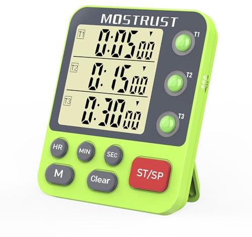 MOSTRUST Digitaler Dual-Küchentimer, 3 Kanäle, Countdown, Dreifach-Timer zum Kochen, magnetischer Speicher-Preset, großes Display, einstellbare Alarm-Lautstärke, mehrmaliges Management, 3-A-Batterie