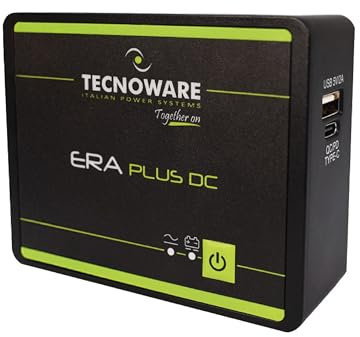 Tecnoware Mini UPS ERA PLUS DC 5V/9V/12V/15V/20V, Power 25W, Blackout and Voltage Surge Protection for Cameras, WIFI, Modem, VOIP, USB-C and USB-A Outputs, Max Autonomy 240 Min, Ready to Use