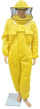 Beekeeper Schutzanzug, Bienenanzug, professionelle 3D-Luft-Baumwollstoff, Ganzkörper-Imker-Schutzkleidung, Imker-Anzü, Ausrüstung(Round Hat Yellow,XL)