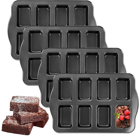LDXDRU 4 Pack 8-Cavity Mini Loaf Tins, 36 x 24 x 3.5cm Mini Cake Tins with Handles, Non Stick Brownie Tin Carbon Steel Baking Pan Loaf Cake Tin for Brownie Cornbread Cheesecake