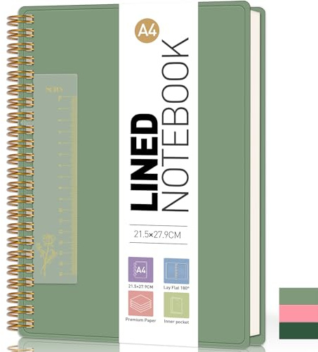 PYNEX Notizbuch A4 Liniert, 21.5 x 27.9cm, Notizblock Ringbuch, Tagebuch, Zum Schreiben, 100 GSM College-liniertes Papier - Salbei Grün