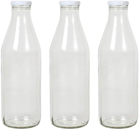 Acan Tradineur - Pack de 3 bouteilles en verre pour le lait, pot pour boissons avec bouchon à vis, smoothies, jus, extraits de légumes, sauces, réfrigérateur (Bouchon blanc, 1 litre)