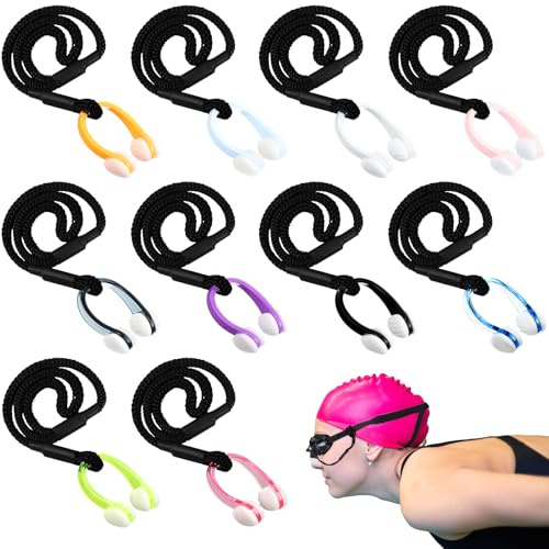 Seenelling 10 Pcs Swimming Nose Plug with String Waterproof Swim Nose Clip Soft Silicone Gel Protector Accessories for Adults Beginners Training Supplies, 10 Colors(Color C,U-Shaped)