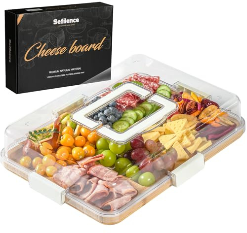 Bamboo Charcuterie Board Whit Lid, Portable Cheese Board for Serving Tray with 6 Compartments, Build-A-Board Bamboo Cutting Board for Entertaining, Party, Wedding, Birthday, House-warming Gift