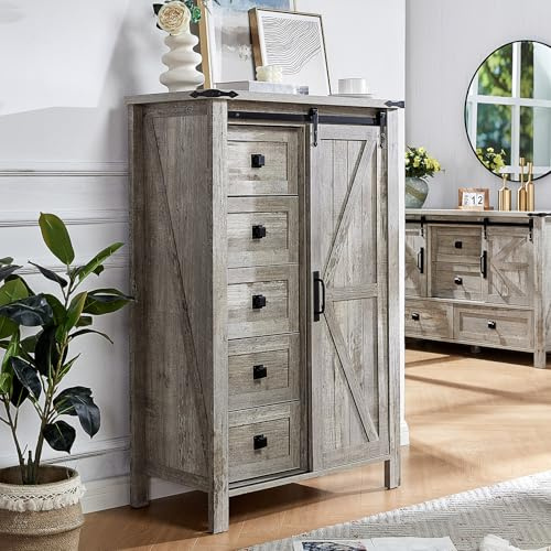 AMERLIFE 31.5'' Farmhouse Dresser with Sliding Barn Doors, 48 Rustic 5 Drawer Tall Dresser, Storage Organizer for Bedroom, Entryway, Light Rustic Oak