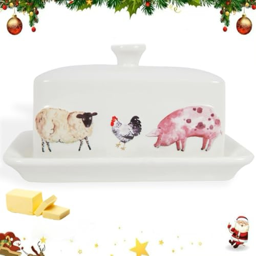 SGHIC Keramik Weihnachten Butterdose mit Deckel und Henkel, Kleine Französische Butterdose, Hochwertige Porzellan, Landhausstil, passt in die Kühlschranktüre, spülmaschinenfest, tier, weiß, 17*12*11cm