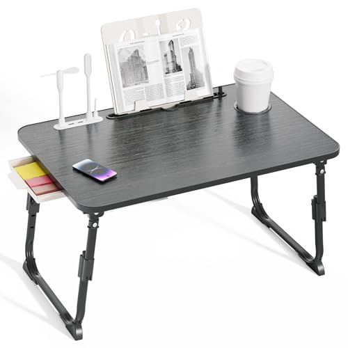 Warmiehomy Laptoptisch fürs Bett, Höhenverstellung Tablettisch mit klappbaren Beinen & Getränkehalter, Faltbarer Laptoptisch für Sofa, Multifunktionale Bettunterlage für Laptops, Arbeit im Bett