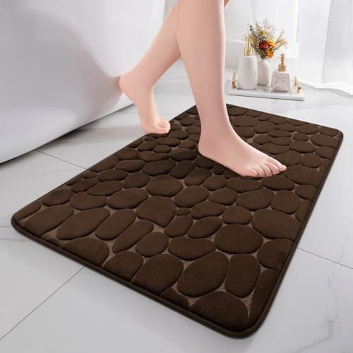 chakme Badematte rutschfest, 50x80 cm Dunkelbraun Badezimmerteppich | Memoryschaum Badteppich, Waschbar Badvorleger, Wasserabsorbierend Kieselsteine Duschvorleger