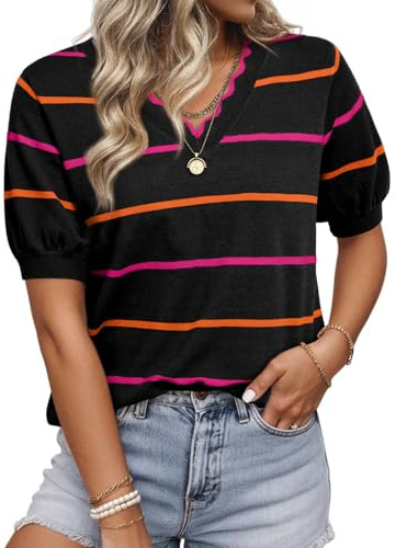 Dokotoo Summer Cute Womens Tops for Women 2026 Spring Short Sleeve Knit Boho T Shirts Fashion Clothing Business Casual Ruffle V Neck Striped Sweater Sweaters Blouses Comfort Shirts Pullovers Black