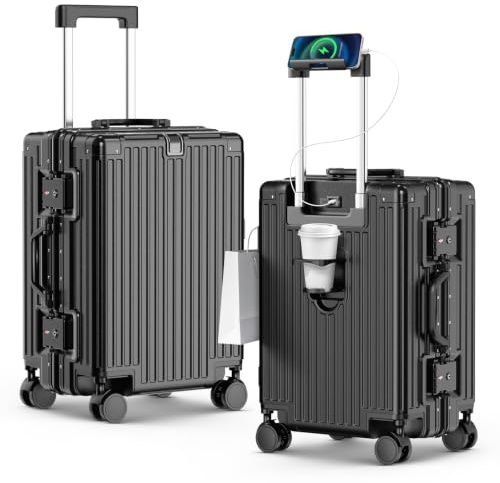 TIYFIY 20 Inch Carry On Luggage with Cup Holder & USB Port, Airline Approved PC Hardshell Suitcase for Business & Weekend Travel, Zipperless Aluminum Frame, TSA Lock & 360° Wheels