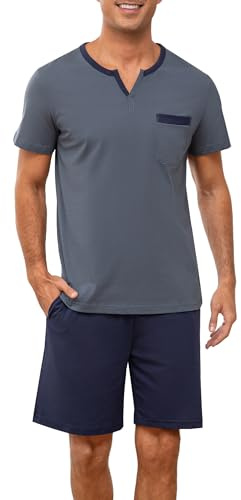 Winovia Herren Schlafanzug Kurz aus 100% Baumwolle - Sommer Nachtwäsche Set mit V-Ausschnitt & Brusttasche, Weich Atmungsaktiv Hausanzug Männer Zweiteilig, Kurzarm Shirt & Schlafshorts
