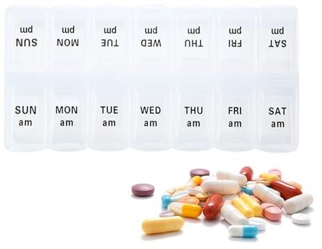 Weekly Pill Organizer, Weekly Pill Organizer 2 gånger om dagen AM/PM, fack | Bärbar resepillerlåda Bärbara, avtagbara brickor, för piller, kapslar, fiskolja, kosttillskott, fack, bättre organisati