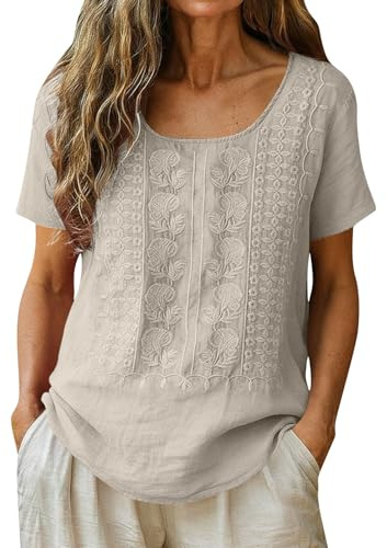 YNRENHNEE Maglietta Donna Maniche Corte in Lino e Cotone Camicia Estiva con Ricami T Shirt Casual Maglia Girocollo Tshirt Ampia Magliette Estive Blusa