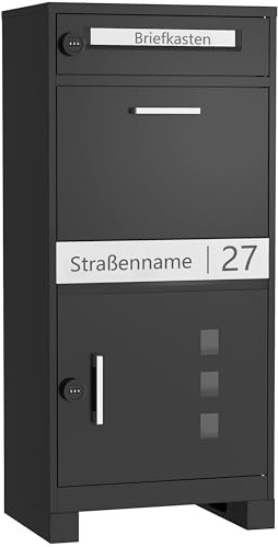 TIMELESS PIECES Paketbriefkasten Metall mit Zahlenschloss personalisiert | Paketbox lasergraviertes Namensschild und Hausnummernschild, Briefkasten mit Paketfach, Paketkasten,Postbox XXL Stahl Schwarz