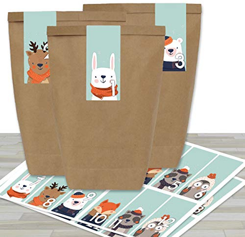Papierdrachen Adventskalender Set - 24 braune Papiertüten und 24 eckige Zahlenaufkleber mit blauen Waldtieren - zum Selbermachen und Befüllen - Mini Set Nr 61 - Weihnachten