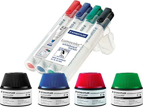 Staedtler 488 51-9 Tinte für Marker Lumocolor Refill Station, 30 ml, 5X Nachfüllen, schwarz (+ 4 Stifte Komplettset, Sortiert)