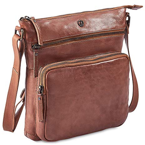 Cochoa women Crossbody Real Leather Triple Zip Bag, Purse, Travel Bag (Cognac)