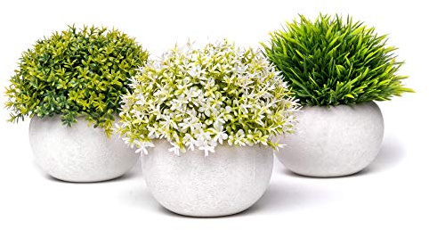 Coradoma Künstliche Pflanzen im Topf 3er Set Wohnzimmer Deko modern | Kunstpflanze Mini Sukkulente Küchendeko Blumen | Kunstblumen Fensterbank Schreibtisch Balkon (Natur-Weiß, 3er Set)