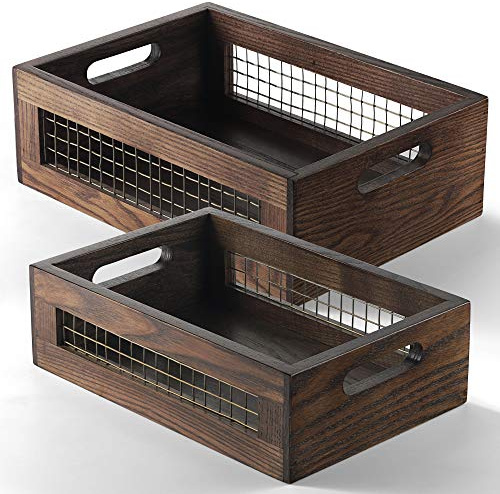 NAGAWOOD Wooden Countertop Baskets Set of 2 for Kitchen, Pantry|Wall Mount Upgrade with Full Accessories| Rustic Nesting Boxes|Wooden Organizer Crates for Vegetables, Produce, Bread