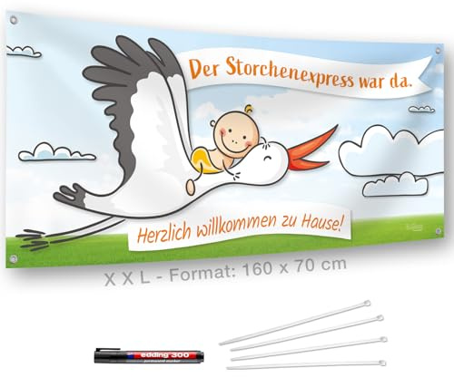 Personalisierbarer Banner zur Geburt mit Storch – Wetterfest für draußen – Für Jungen & Mädchen – Inkl. Kabelbinder & Stift – 160x70 cm – Willkommen zuhause Baby – Geburtsgeschenk Deko