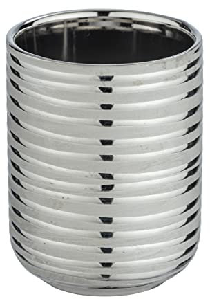 WENKO Portaspazzolini Vialba in pregiata ceramica dalla struttura a rilievo con linee orizzontali, bicchiere portaspazzolini Ø 7.4 x 9.7 cm. accessorio da bagno per spazzolini e dentifricio, argento