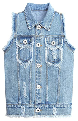 KIDSCOOL SPACE Chaleco de mezclilla para niños, Tops de chaleco de mezclilla con bordes sin rematar rasgados para niños, Azul, 10-11 años