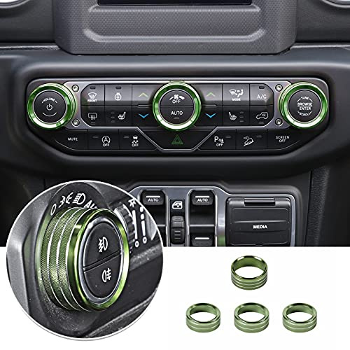 JeCar Air Conditioner Radio Switch Knob Cover & Headlight Knob Cover Aluminum Alloy AC Button Trims Compatible with Jeep Wrangler 2018-2023 JL JLU & 2020-2023 Gladiator Specific Dial Panel, Green