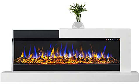 GLOW FIRE Elektrokamin mit Heizung und Kaminfeuer (Wandkamin Edge 36) - elektrischer Kamin mit LED-Feuer in 3 Farben, Heizlüfter, Deko & Fernbedienung - zum Aufhängen an der Wand - 127x61 cm, Weiß