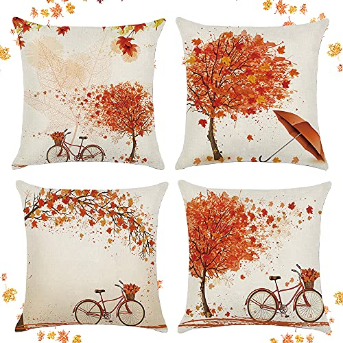 4 Stück Kissenbezug Herbst 45x45 cm, Ahornblatt Dekorative Erntedankfest, Couchkissen, Kissenhülle Dekokissen, Sofakissen für Wohnzimmer Schlafzimmer